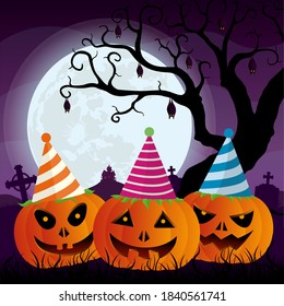 Three pumpkins and party hats in graveyard and crosses   bats hanging from tree and house in the background in front large moon  Vector image