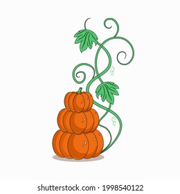 Tres calabazas colocadas unas encima de otras, una parra de calabaza con hojas que se curvan. Imagen en color de las calabazas. Caricatura, fabulosa ilustración de calabazas. En Halloween, festival de cosecha, menú e imagen