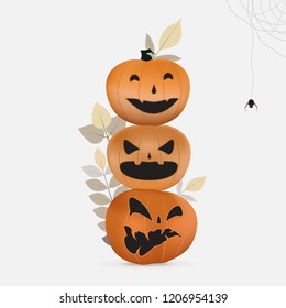 Three pumpkins and spider design for halloween holiday