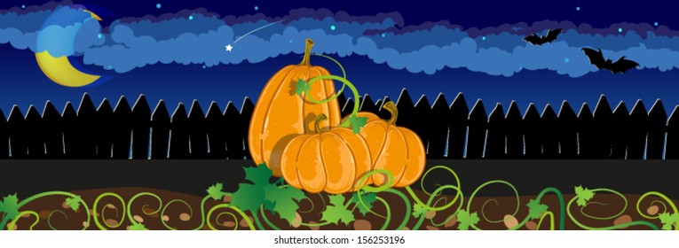 Three pumpkins with sprouts and leaves near the fence. Halloween night scene
