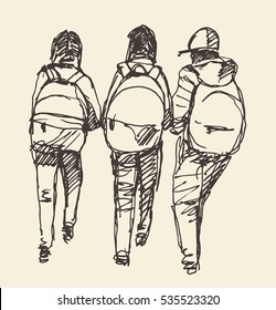 Three pupils of primary school go hand in hand. Vector illustration, sketch