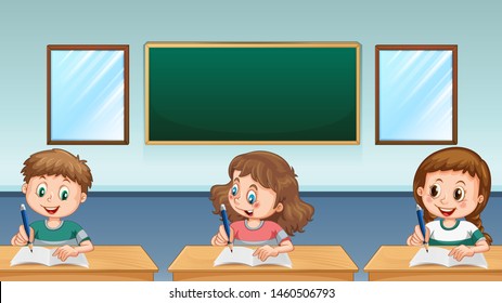 Three pupils writing in classroom illustration