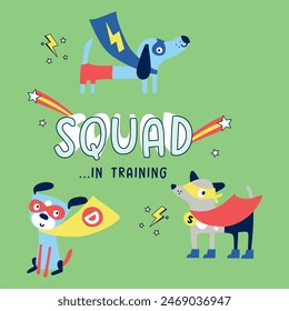 three puppies super heroes, squad in training, used for illustrations