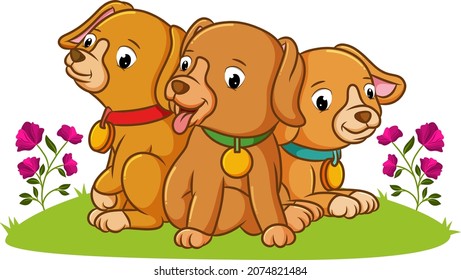 The three puppy are sitting in the garden of illustration