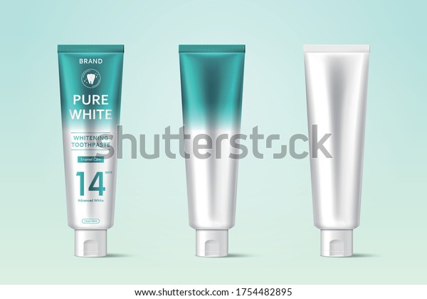 Three pure white\
toothpaste tubes isolated on baby green background in 3d\
illustration, one with package\
design