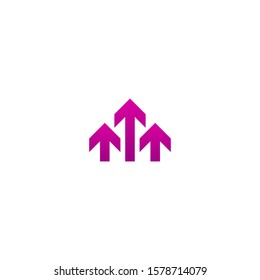 three purple arrows up icon. Isolated on white. Upload icon.  Upgrade sign. Growth symbol. North pointing arrow.