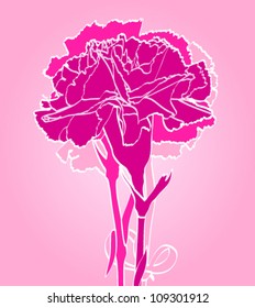 three purple carnations on a pink background