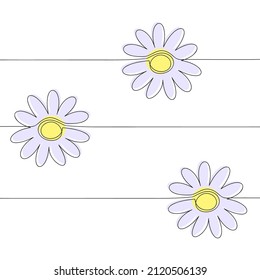 Three purple chamomile drawn in one line on a white background.