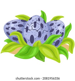 Three purple dinosaur eggs lie in the grass. Cracks in one egg. Flat image illustrations isolated on white background.