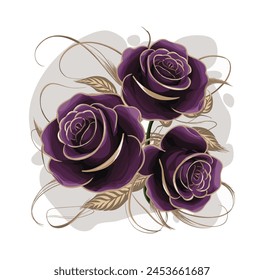 Three purple roses with gold accents, creating a luxurious and elegant atmosphere. Vector floral arrangement for greeting, invitation cards, prints, wall art. Isolated on white background.