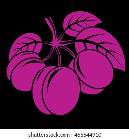 Three purple simple vector plums with leaves, ripe sweet fruits illustration. Healthy and organic food, harvest season symbol. 