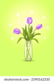 Three purple tulips stand in a glass vase on a vertical yellow-green background with highlights. Greeting cards. Happy Birthday. International Women's Day. Happy Spring festival. Vector illustration.