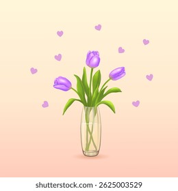 Three purple tulips in a vase on a square pink background with hearts. Banners and stickers. Greeting cards. Valentine's day. Vector illustration.