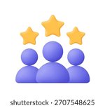 Three purple user group with three golden stars. Rating, feedback, teamwork, quality service, business, review and social media concept. 3d vector icon. Cartoon minimal style.
