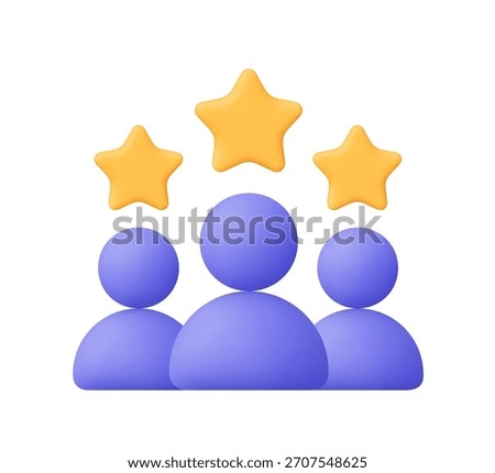 Three purple user group with three golden stars. Rating, feedback, teamwork, quality service, business, review and social media concept. 3d vector icon. Cartoon minimal style.