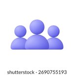 Three purple user icons, group of people or community. Teamwork, collaboration, friends, audience, social network, business and social media concept. 3d vector icon. Cartoon minimal style.