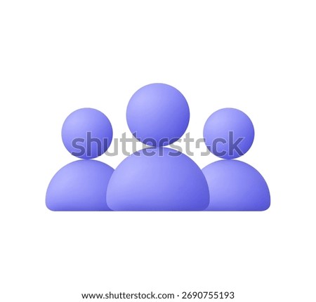 Three purple user icons, group of people or community. Teamwork, collaboration, friends, audience, social network, business and social media concept. 3d vector icon. Cartoon minimal style.