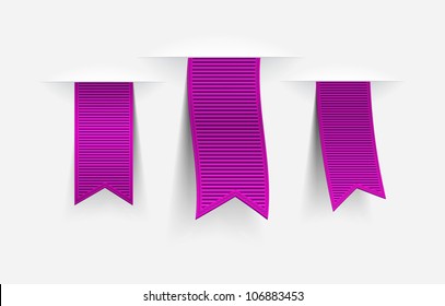 Three purple vector ribbon tags with shadows