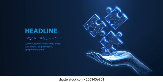 Three puzzles in hand. Digital solution, partners cooperate, matching solution concept. Partnership agreement, successful business strategy, team work, company merge symbol. Abstract concept