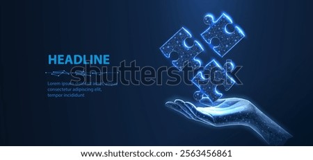 Three puzzles in hand. Digital solution, partners cooperate, matching solution concept. Partnership agreement, successful business strategy, team work, company merge symbol. Abstract concept