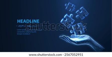 Three puzzles in hand. Digital solution, partners cooperate, matching solution concept. Partnership agreement, successful business strategy, team work, company merge symbol. Abstract concept