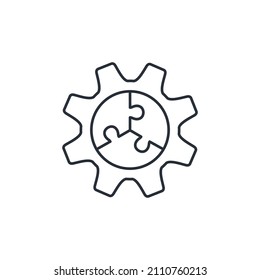 Three puzzles in one gear. Combine elements into one technology. Vector linear icon isolated on white background