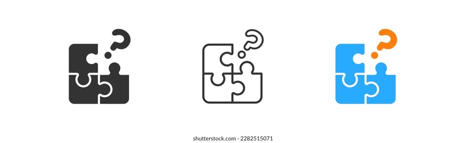 Three puzzles with question mark on light background.  Jigsaw, success symbol. Logic, idea, teamwork. Outline, flat and colored style. Flat design. 