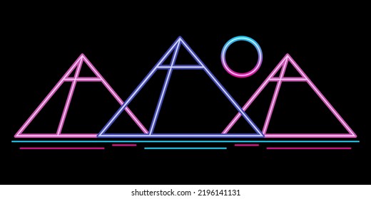 Three pyramids egypt with sun neon light futuristic sci-fi outline icon logo vector design.