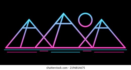 Three pyramids egypt with sun neon light futuristic sci-fi outline icon logo vector design.