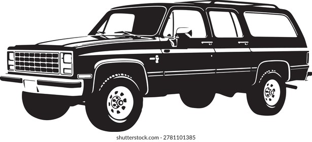 Three quarter angle monochrome vector illustration of a full-size classic sport utility vehicle designed for off-road travel and large passenger capacity.