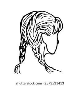 three quarter girl head with two braids, back view - hand drawn sketch line art