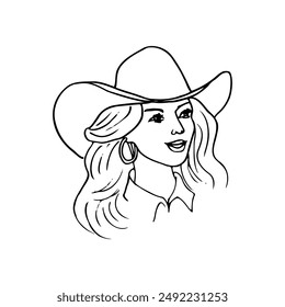 three quarter portrait of a beautiful woman in a cowboy hat - hand drawn outline drawing