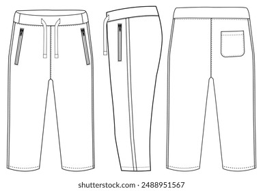 Tres cuartos de Versiones cortas pantalones de diseño concepto Plantilla de Vector, con vista frontal y posterior para fútbol, baloncesto, voleibol,