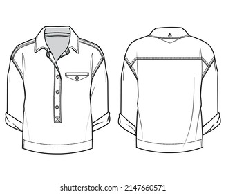 Three Quarter Sleeve Collared Half Placket Top, Knit Half Placket Collared Blouse Front and Back View Vector, Fashion Illustration , CAD, Technical Drawing, Flat Drawing.	