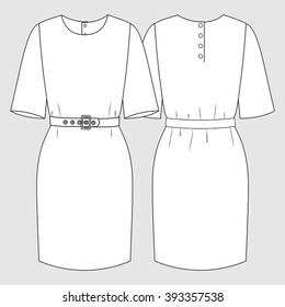 Three Quarter Sleeve Dress with Back Neck Dome Details. Fashion Illustration, CAD, Technical Drawing, Specification Drawing, Pen Tool, Editable.