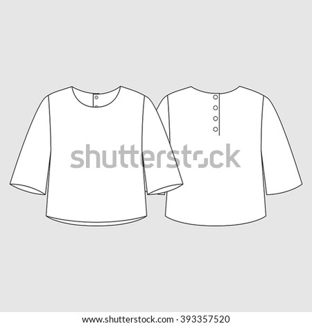 Three Quarter Sleeve Top with Back Neck Dome Details. Fashion Illustration, CAD, Technical Drawing, Specification Drawing, Pen Tool, Editable.