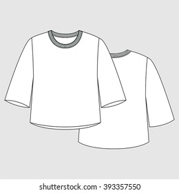 Three Quarter Sleeve Top, Jumper, Jersey. Fashion Illustration, CAD, Technical Drawing, Specification Drawing, Pen Tool, Editable.