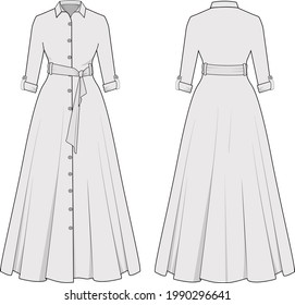 Three quarter sleeve waist knot dress flat drawing, Tab sleeve waist knot dress, Collared dress flat drawing, three quarter sleeve midi dress flat drawing, Fashion Illustration, CAD, Technical Drawing