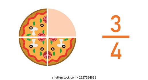 Three quarters pizza fractions. Fraction for kids. Pizza slices. Fraction fun with pizza. vector illustration isolated on white background.