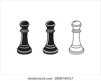 Three queen chess pieces in black and white colors side by side