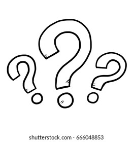 three question mark / cartoon vector and illustration, black and white, hand drawn, sketch style, isolated on white background.