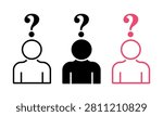 Three question mark silhouette people icons with different colors