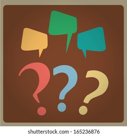 three question marks with different colors with three bubbles