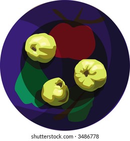 Three quince on bright-colored plate