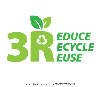 Three R, Reduce Reuse Recycle with leaves vector. Reduce reuse recycle, organic, plastic, product, quality, recyclable, reduce, reuse. Can use for infographic, banner, poster, web design. 