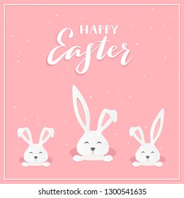 Three rabbit heads in the hole and lettering Happy Easter on a pink background, illustration.