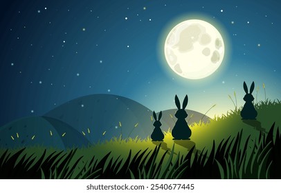 Three rabbits admire the moonlit night sky