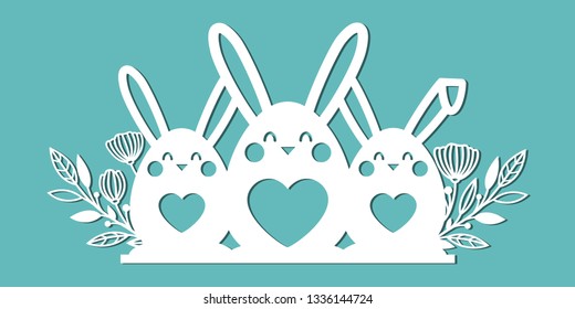 Three rabbits. Easter template . Vector image for cutting paper, laser cutting and plotter. 