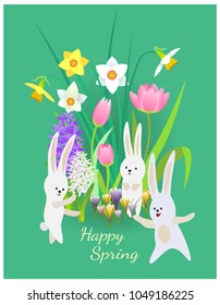 Three rabbits with flowers. Vector illustration.  Happy  spring card