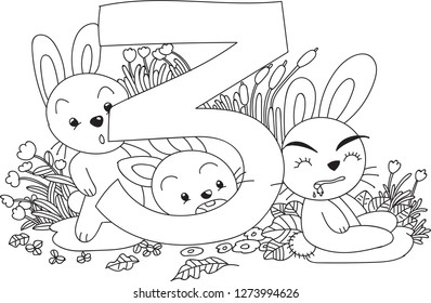 The three rabbits. Hand drawn doodle vector illustration. For counting teaching for kids, coloring,wallpaper, background,clip arts, decoration, children books illustration.